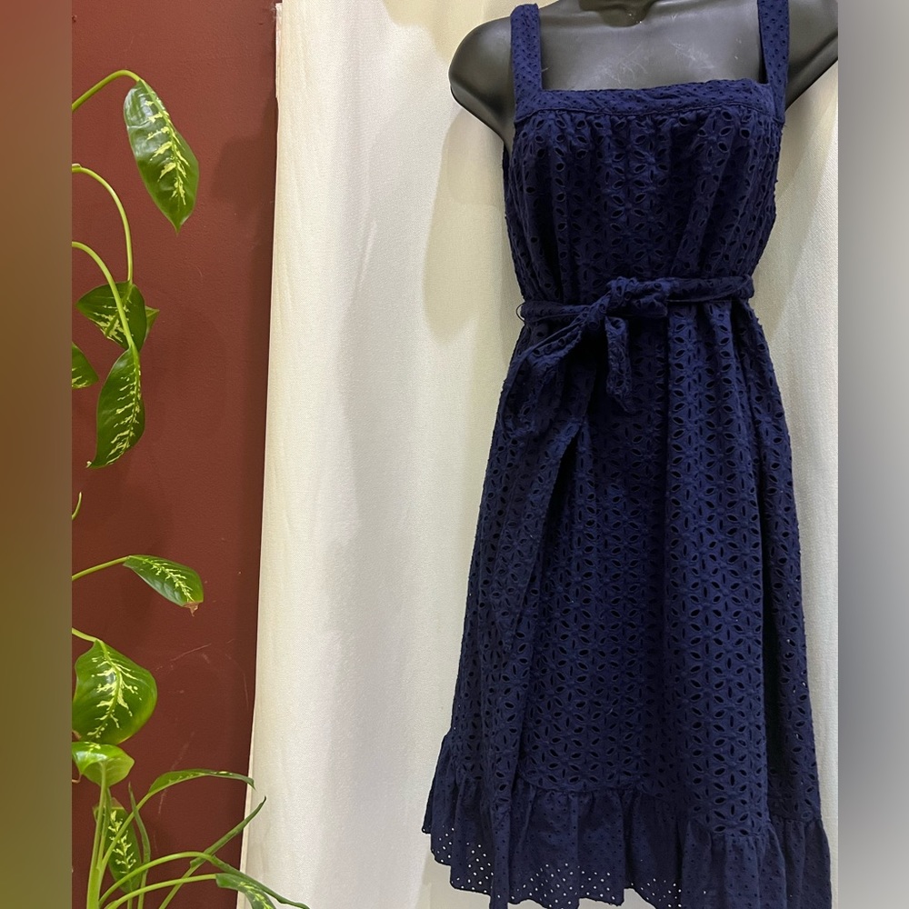 POPULATION EYELET DRESS BELTED NAVY BLUE WOMENS SIZE 6  LINED